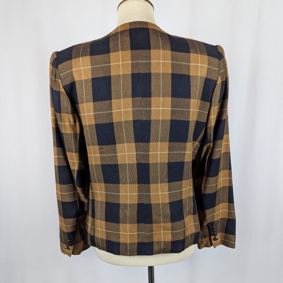 Atrium Collection Brown Navy Plaid Vintage Blazer High Neck Pockets Sz 11/12 - Picture 2 of 9